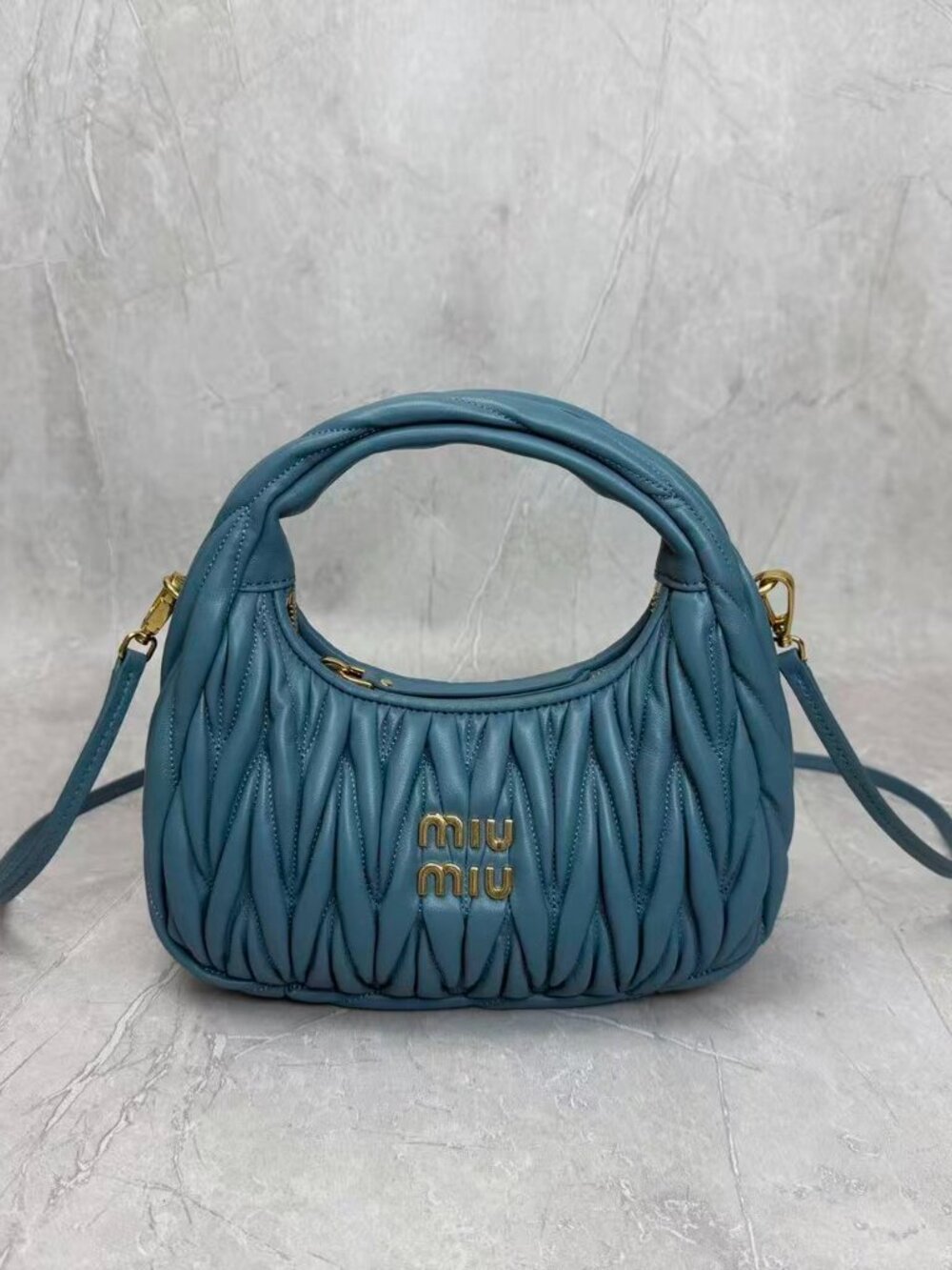 Miu Miu Slate Blue Matelassé Leather Hobo Bag